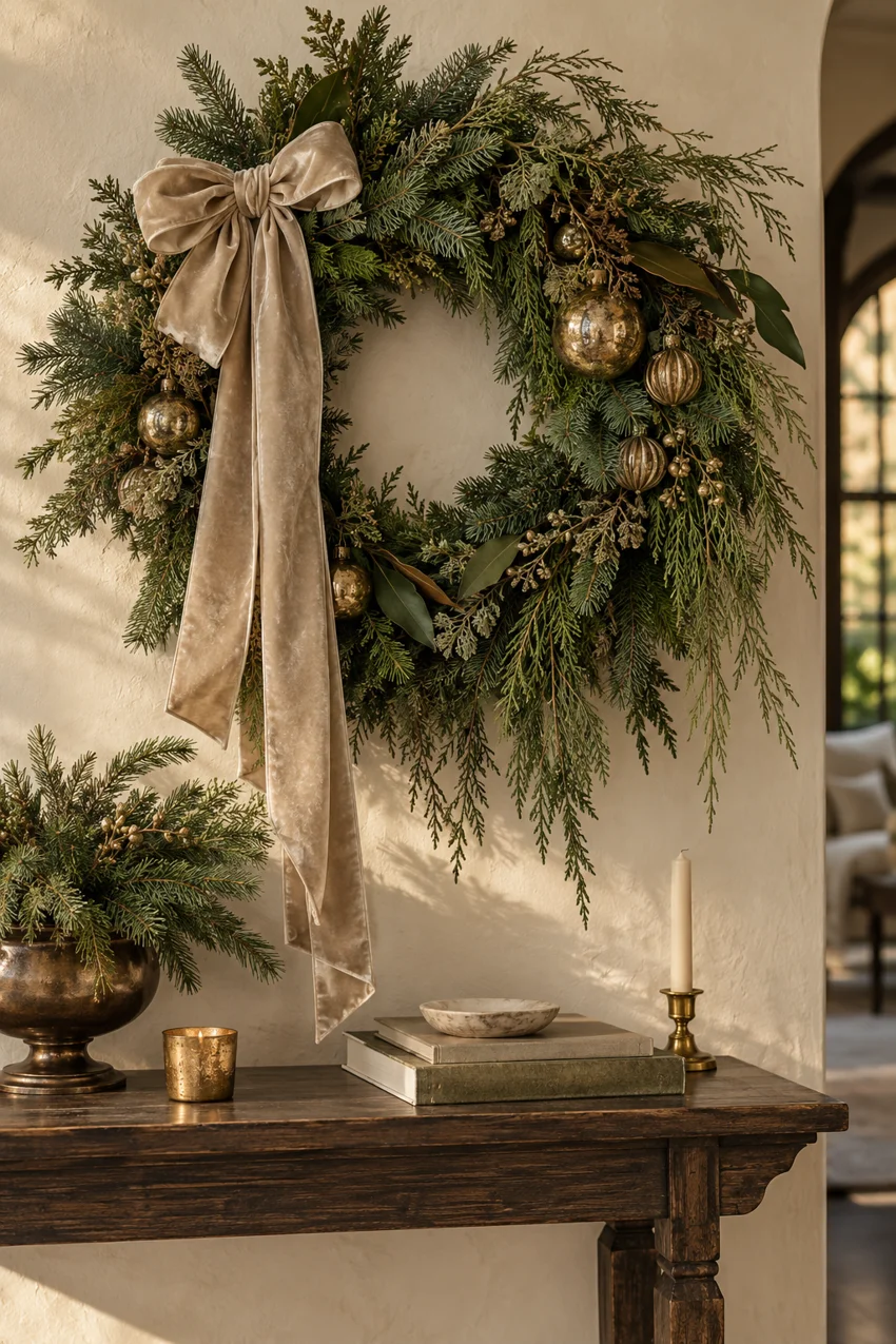 A handcrafted holiday wreath with velvet ribbon and antique gold ornaments